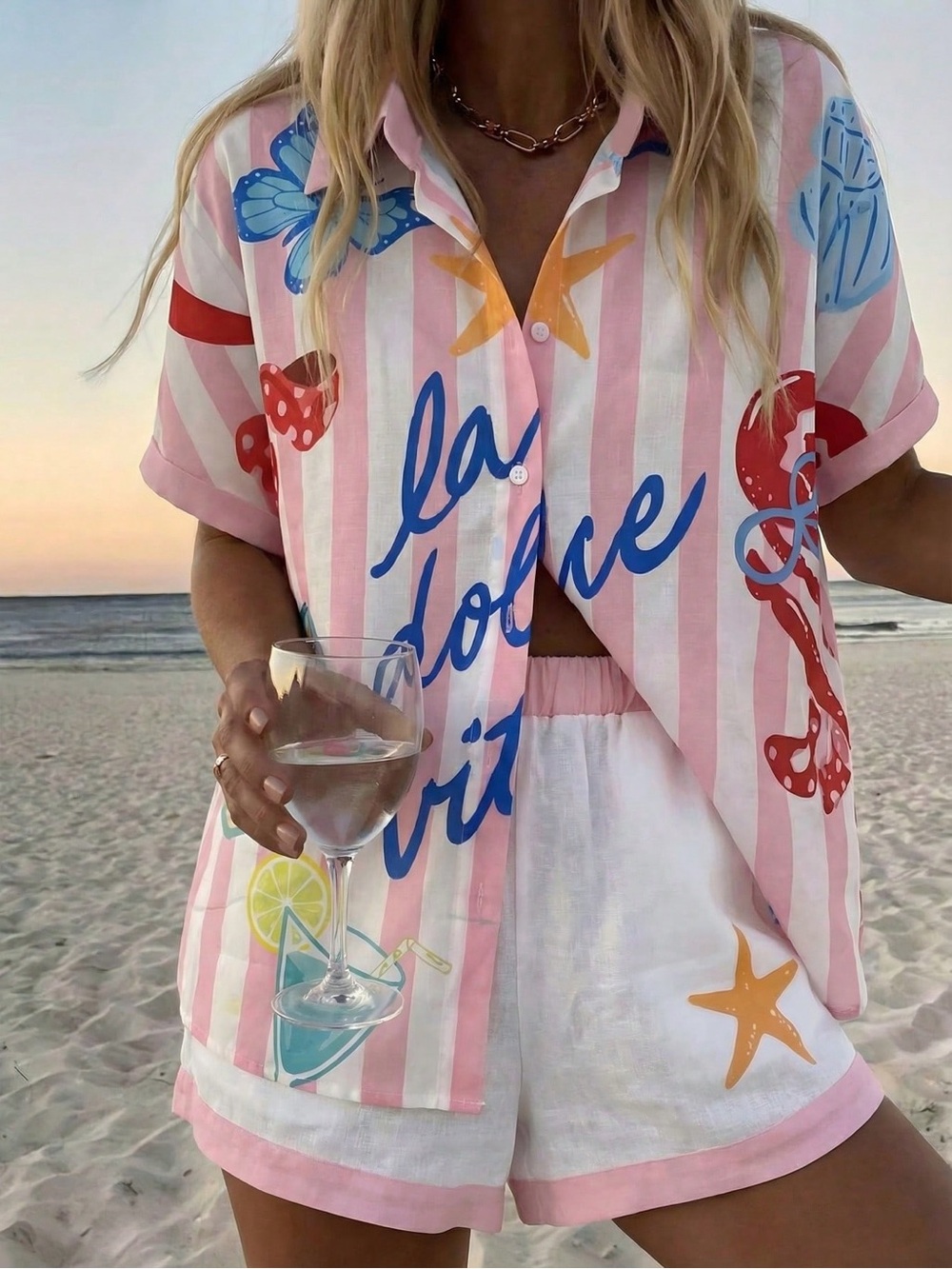 Pink & White Striped La Dolce Vita Beach Shirt and Shorts Set with Coastal Print